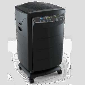 A portable room air cleaner on caster wheels